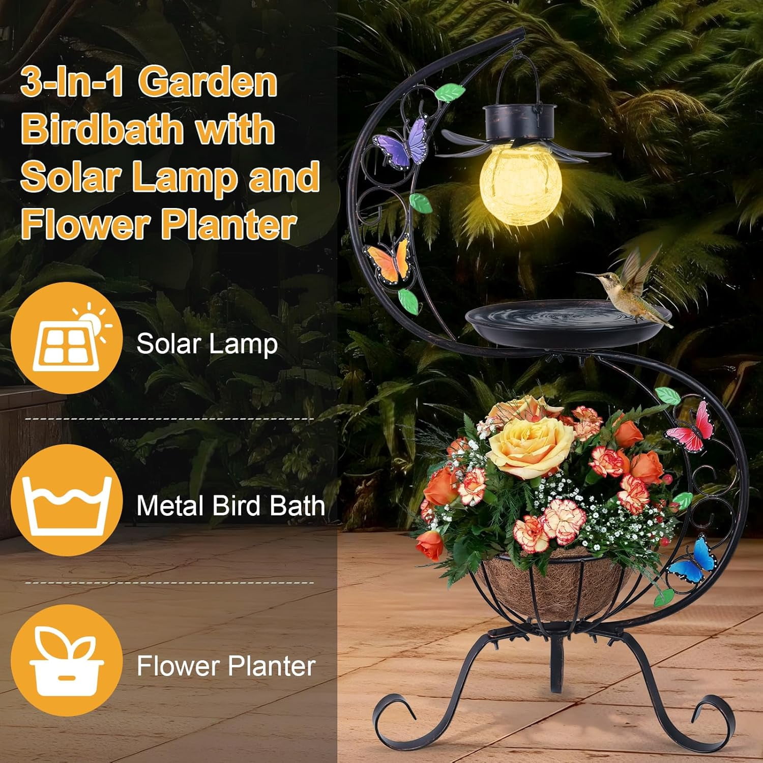 Bird Bath for Outside with Solar Lamp, Metal Birdbaths for Outdoors with Flower Planter Pedestal, Vintage Birdbath for Garden Yard Patio Lawn Decor