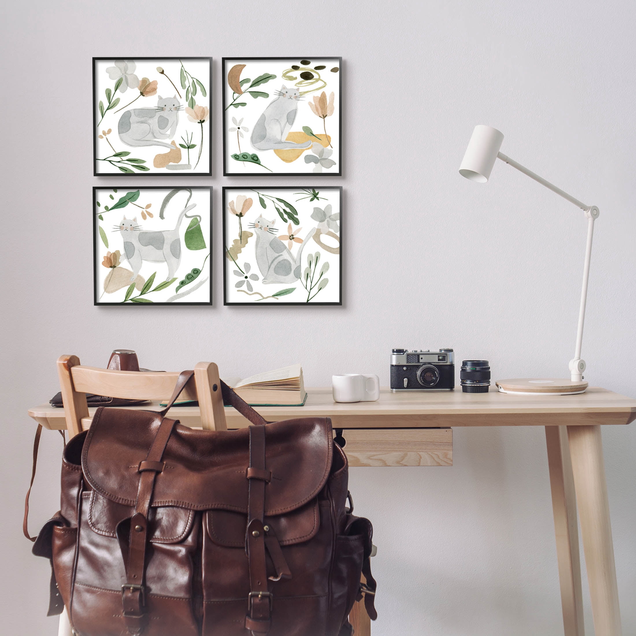 Stupell Industries Happy Cat Botanical Collage Graphic Art Black Framed Art Print Wall Art, Set of 4, Design by Melissa Wang