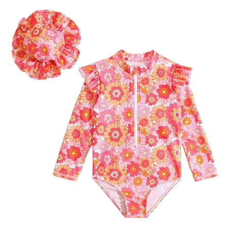 

Summer Toddler Girls Long Sleeve Floral Printed Monokini Swimwear Beach Onesie Swimsuit Bikini With Hat 2PCS Outfits Baby Swim Clothes Kids Beachwears