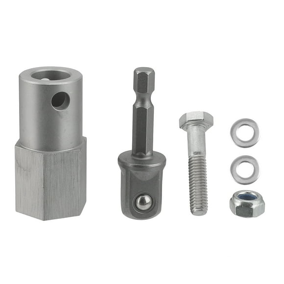 Silver Stainless Steel Cordless Drill Adapter Kit for Trailer Crank Handle - Includes Drive Socket Adapter, Bolt, Nyloc Nut & 2 Gaskets - Compact 15x13x4cm Package, 142g Weight