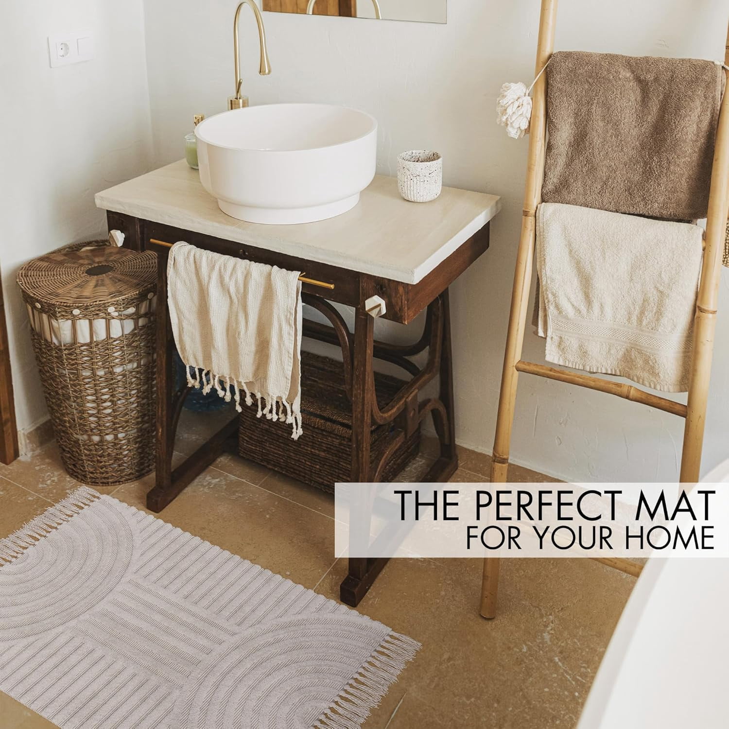 Boho Bathroom Rug with Tassels - Soft, Washable, Non-Slip Cotton Mat - Perfect 2x4.3 ft. Size to Enhance Modern Home Decor