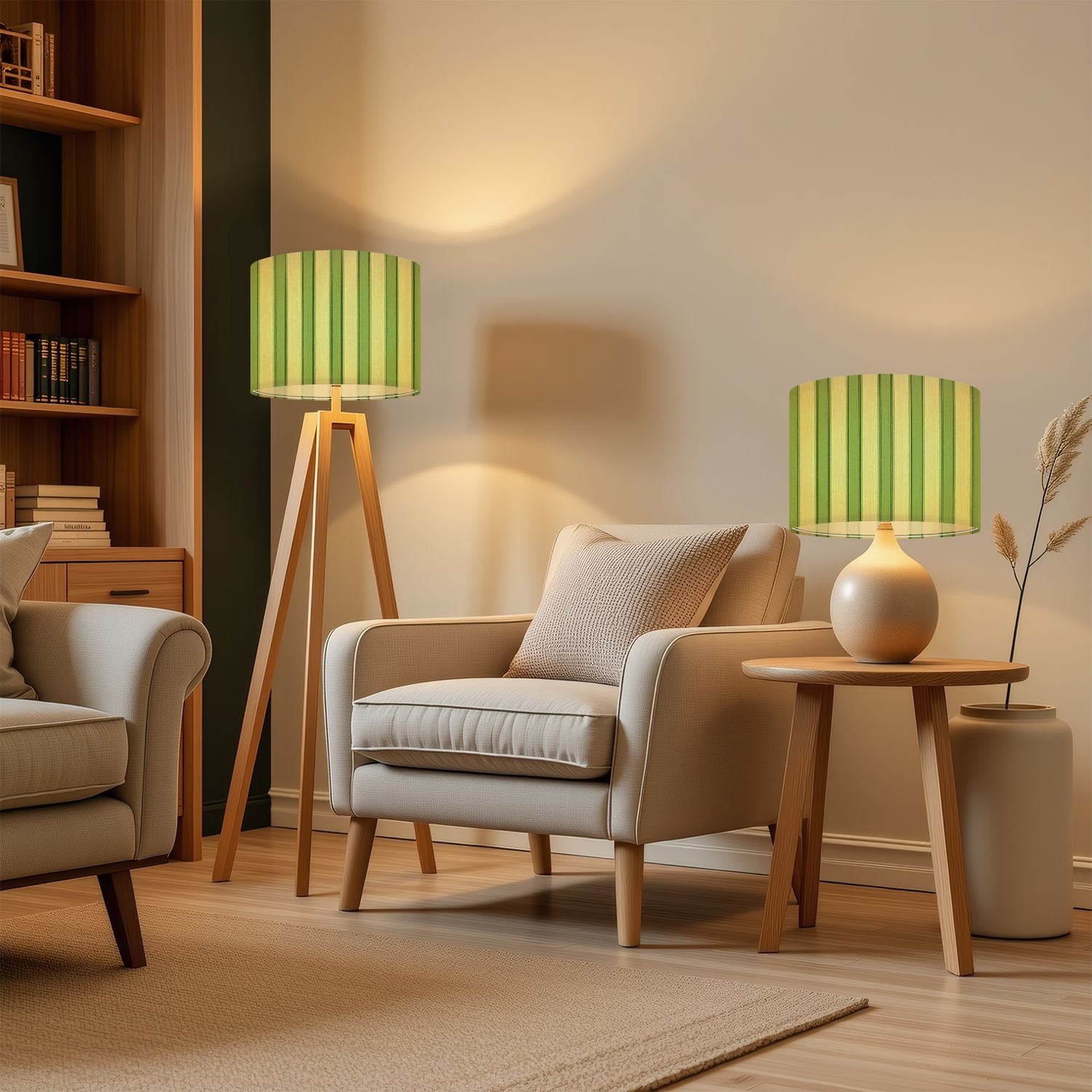 Lampshades 2 Pack Green Beige Striped Textured 13"x13"x10" Light Shade for Table Lamps Floor Lamps Drum Lamp Shades Lampshade Replacement Easy Assembly