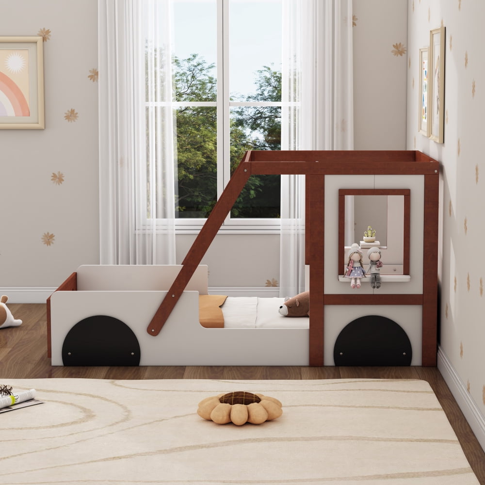 AUU Twin Size Car-Shaped Platform Bed, White and Orange Car Design with Fun Play Style