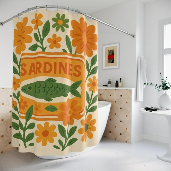Vintage Floral Sardines Shower Curtain, Orange, Green Bathroom Decor, Nautical Theme, Gift for Fishermen, Boho Home Accessories, 60x72in