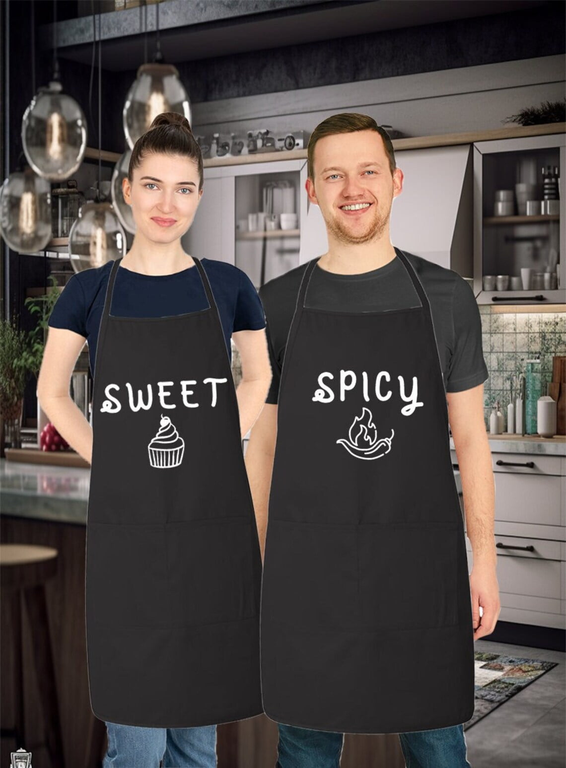 Matching His and Hers Apron Set - Sweet cupcake and Spicy Pepper - Set of 2, Matching Couples, Cooking Apron, Kitchen, BBQ, House Warming, wedding.