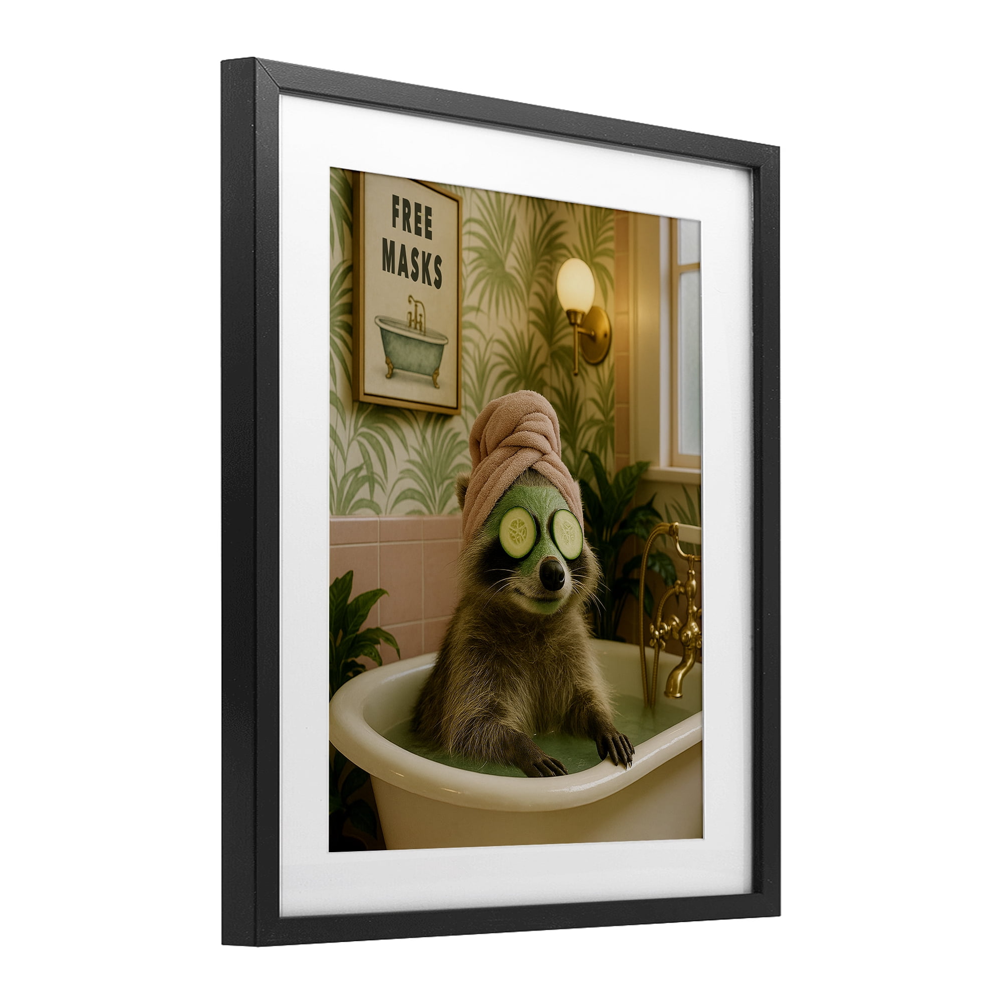 Stupell Industries Raccoon Spa Day Bath Black Framed Print Under Glass, design by Grotto Studios