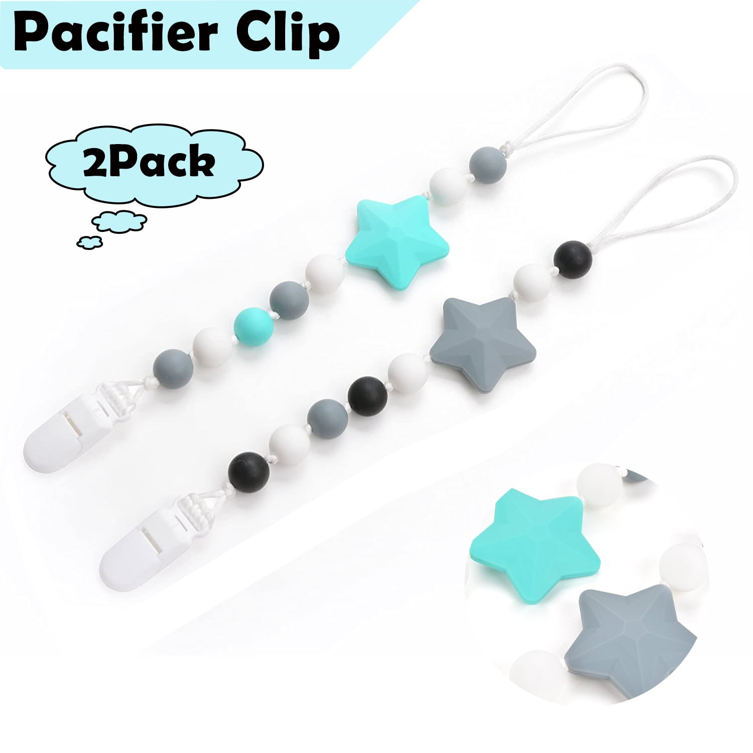 SHELLTON 2 Packs Pacifier Clip Baby Boys Silicone Paci Clip Teething
