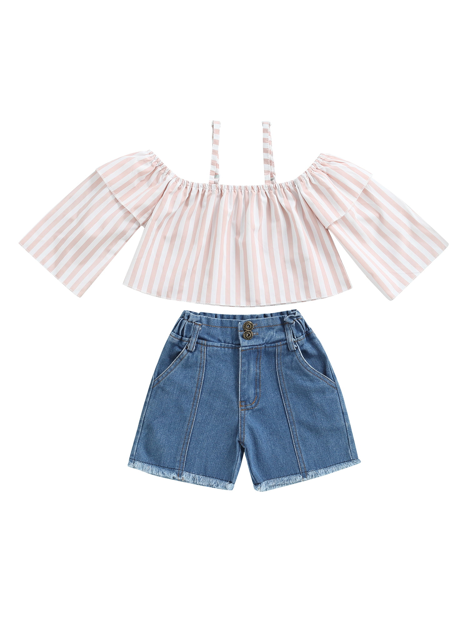 2Pcs Little Girl Summer Outfits Set Striped Sling Top Denim Shorts Toddler  Girl Casual Clothes 