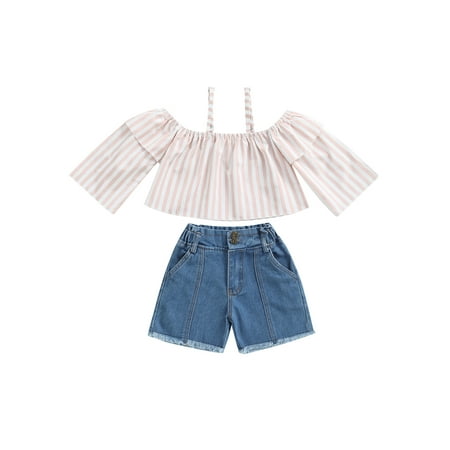 

Frobukio Toddlers Girls 2Pcs Clothes Outfits Vertical Stripes Suspender Tops + Solid Button Closure Denim Shorts Pink 3-4 Years