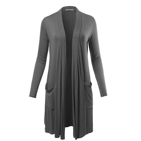 A2Y Women's Lightweight Open Front Pocket Long Length Long Sleeve Rayon Spandex Cardigan Charcoal Grey 1XL