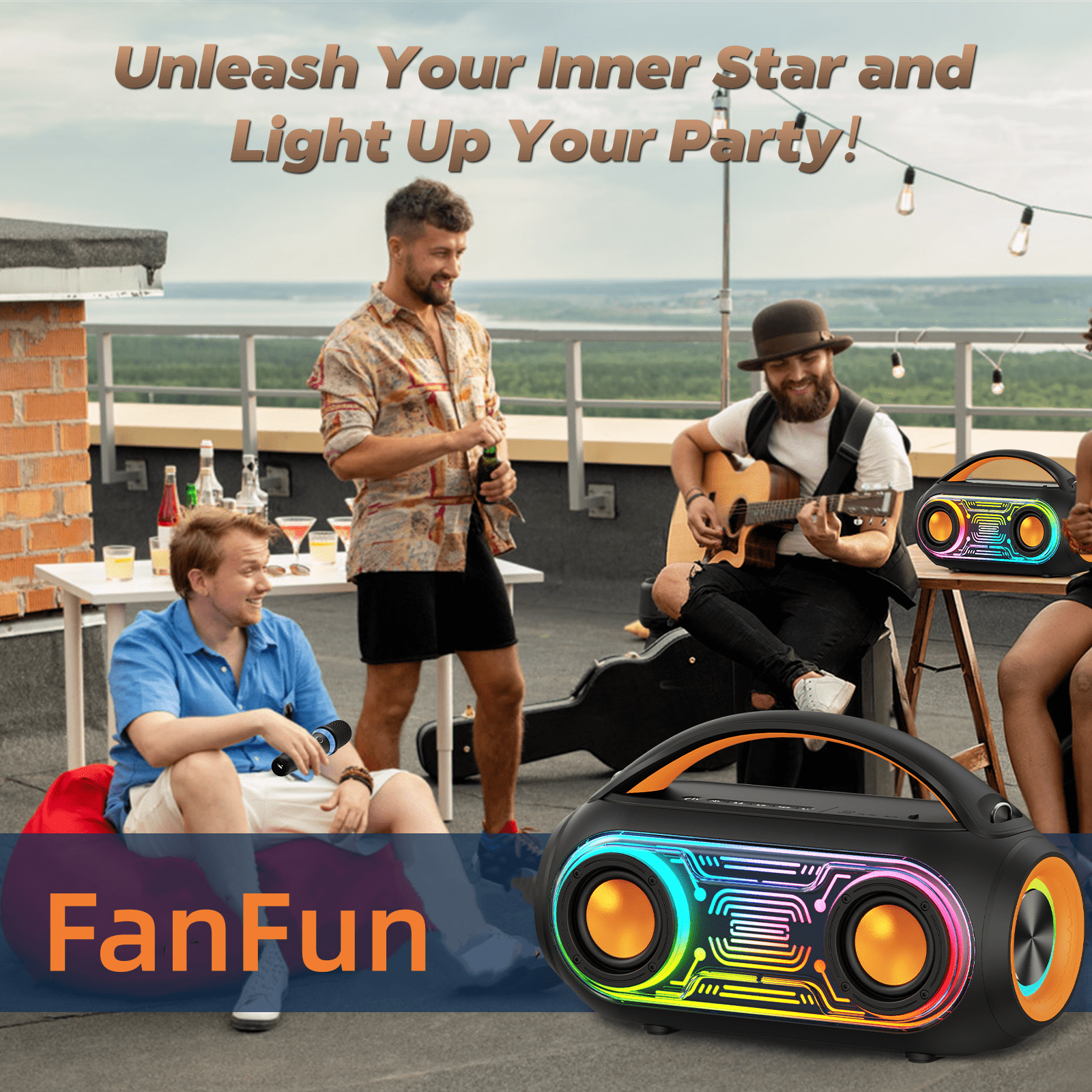 FanFun Party Speaker, Portable Bluetooth Speaker with Dazzling Party Lights, 6 Voice Modes, IPX5 Waterproof
