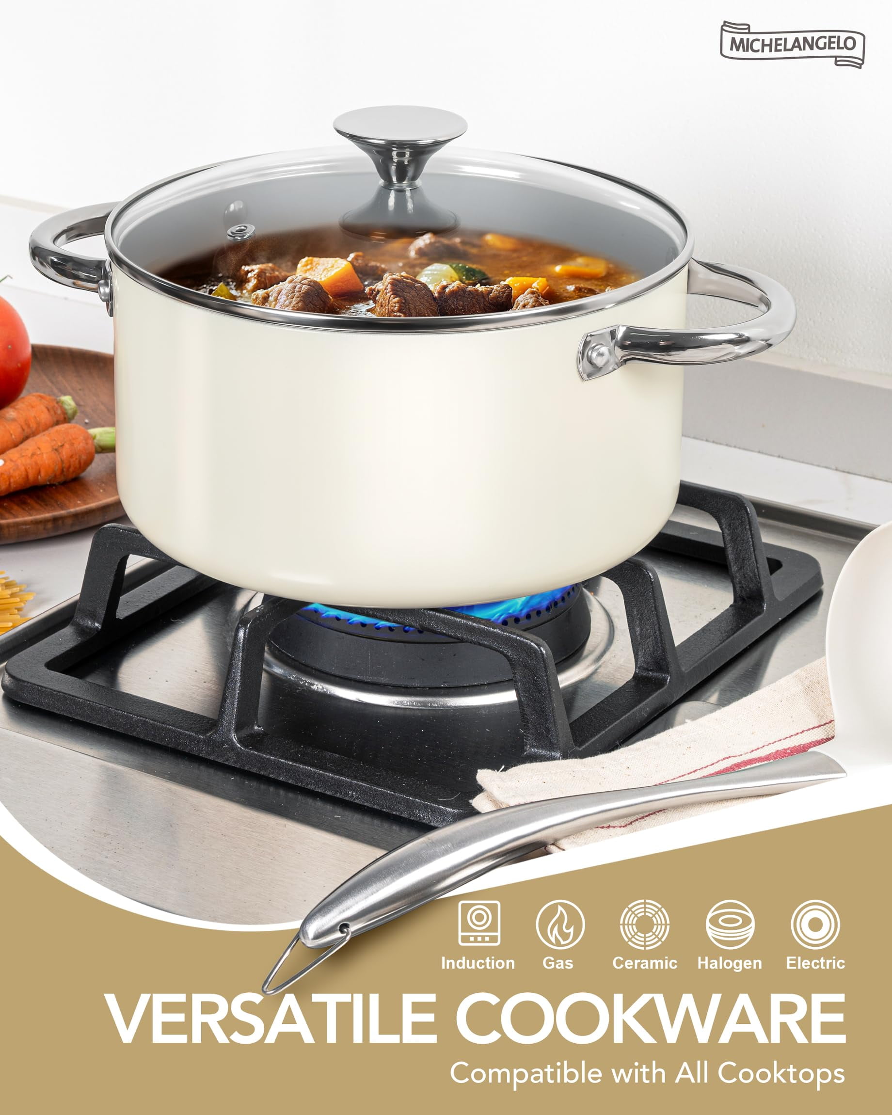 MICHELANGELO Pots and Pans Set Non Stick - Ceramic Cookware Set, 8-Pcs Nonstick Pots and Pans with Ergonomic Handle, Dishwasher Safe & Induction Compatible, Cream