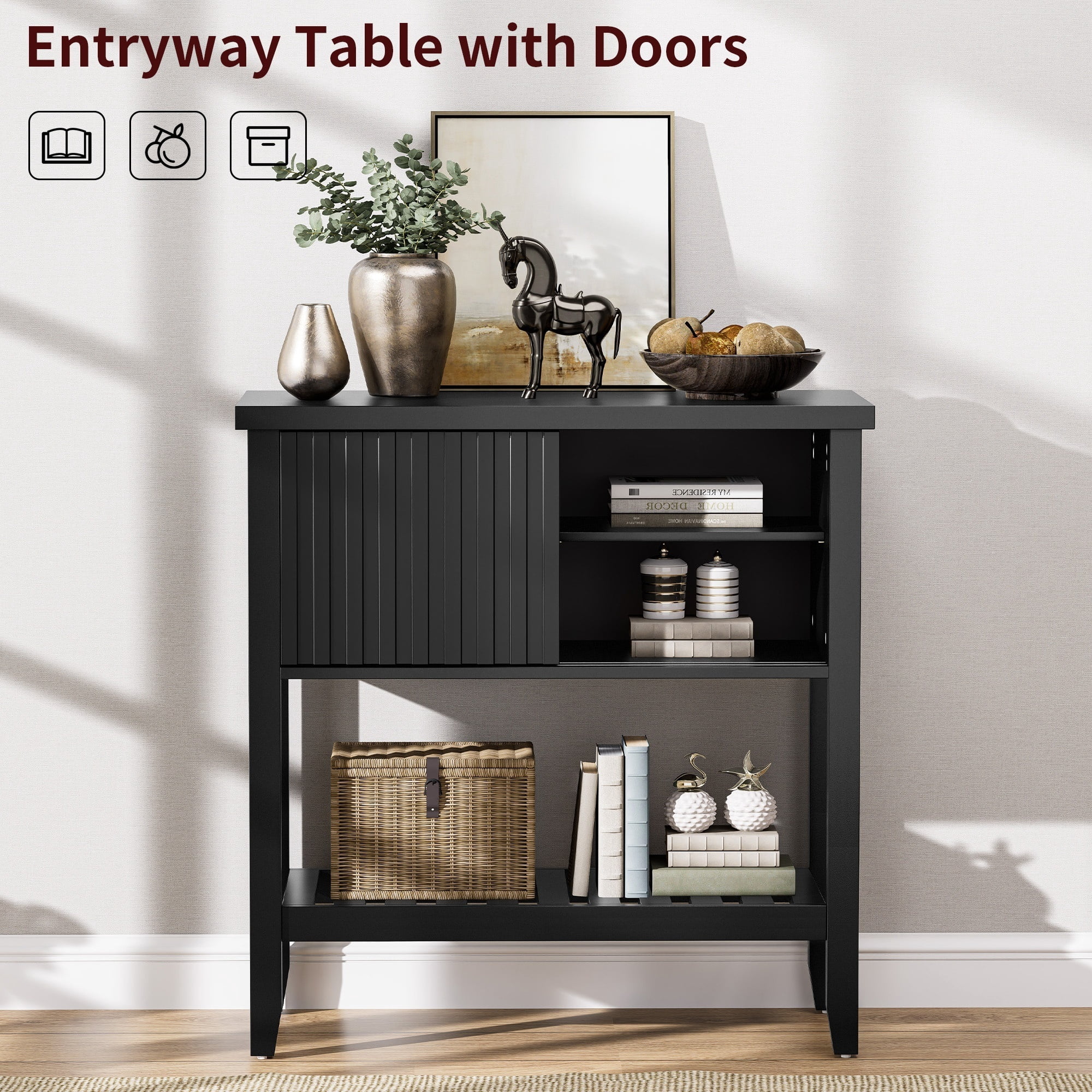 31.5" Small Entryway Display Table, Wooden Console Table with 2 Sliding Doors, Storage Accent Sofa Table with Open Shelf