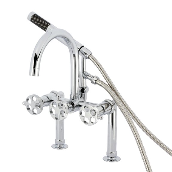 Kingston Brass AE8101RKX Webb Three-Handle 2-Hole Deck-Mount Clawfoot Tub Faucet with Knurled Handle and Hand Shower in Polished Chrome