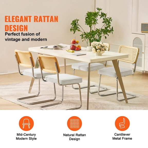 Rattan Dining Chairs Set of 4, Mid Century Modern Dining Chair, Upholstered Velvet Accent Chair with Rattan Back, Retro Dining Room Kitchen Chair for