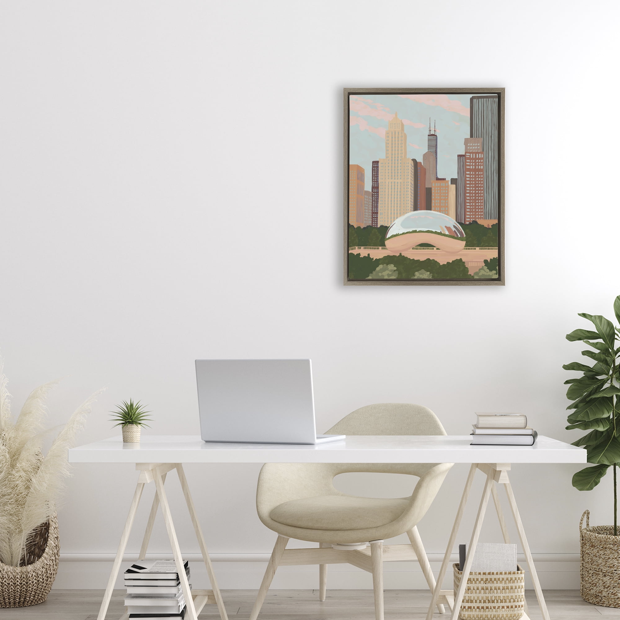Stupell Industries Chicago Bean Cityscape Brown Framed Floater Canvas Wall Art, design by Veronica Lara
