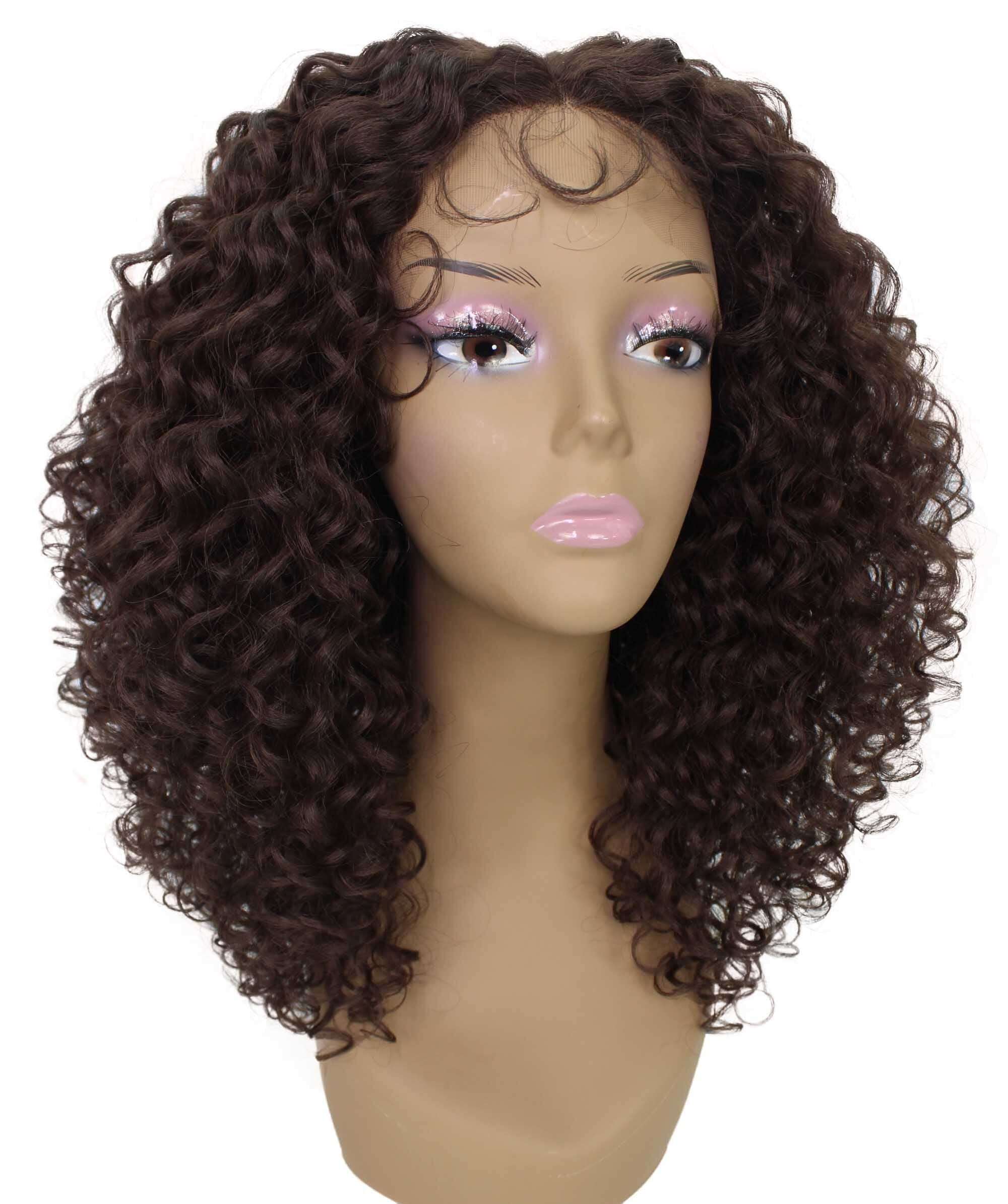 LUXLUXE Precious Curly Curly 17 in Long Lace Front Wig, Heat Resistant Fibers ,Medium Brown