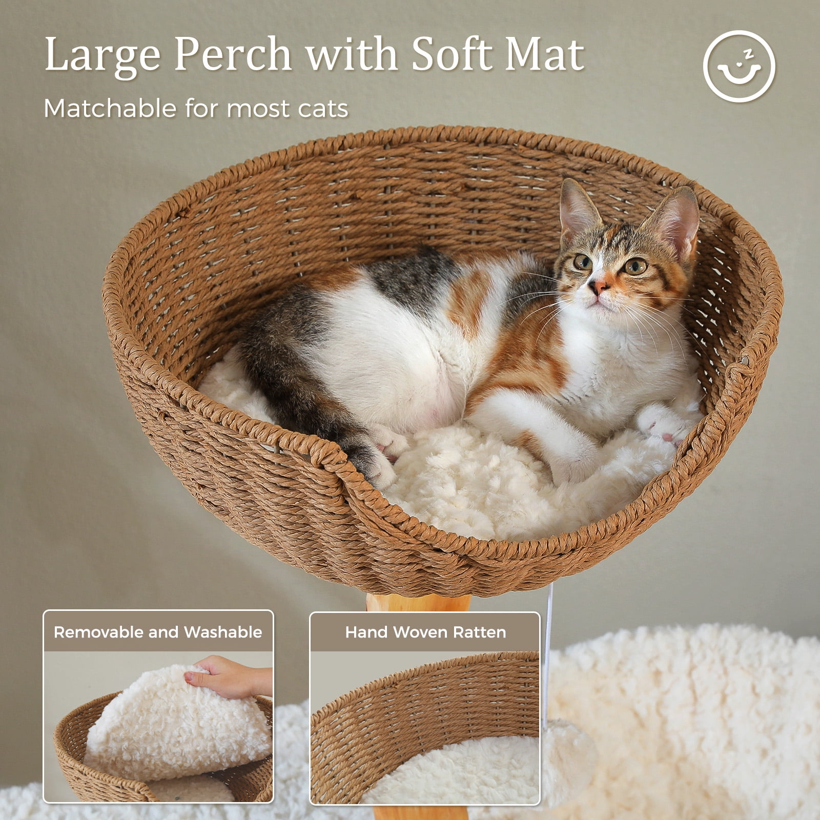 PEQULTI 48.5'' Solid Wood Cat Tree Cat Tower for Indoor Cats with Rattan Hammock&Flower Perch White