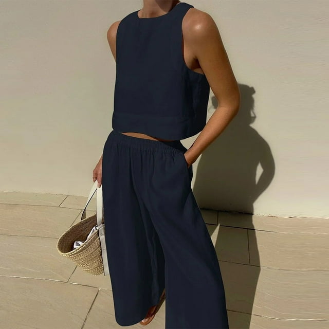 Fankiway Ensemble de Vêtements d'Entraînement pour Femmes Été Décontracté Sans Manches Col Rond en Coton et Lin