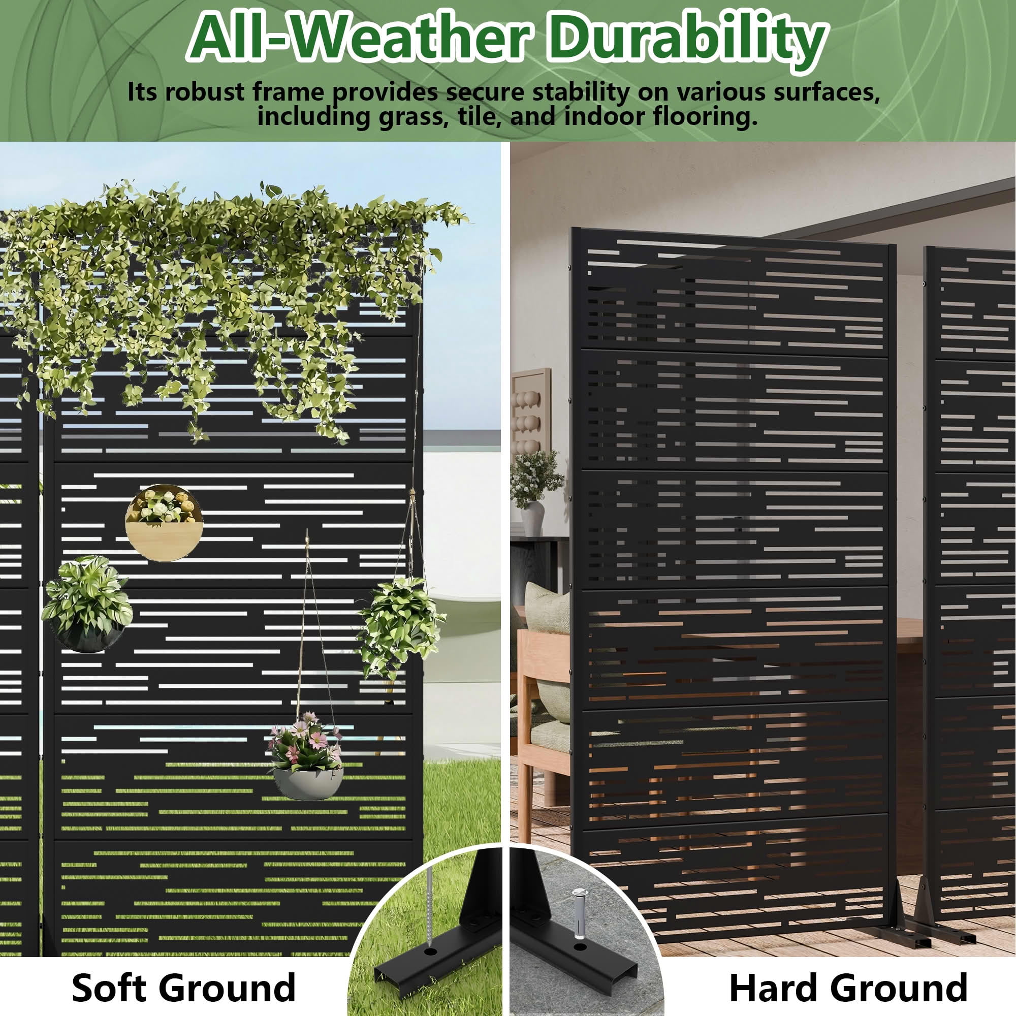 MAYEERTY 2-Piece Outdoor Metal Privacy Screen 6ft × 3ft Black, 6-Panel Light & Shadow Pattern, Rust-Resistant for Garden