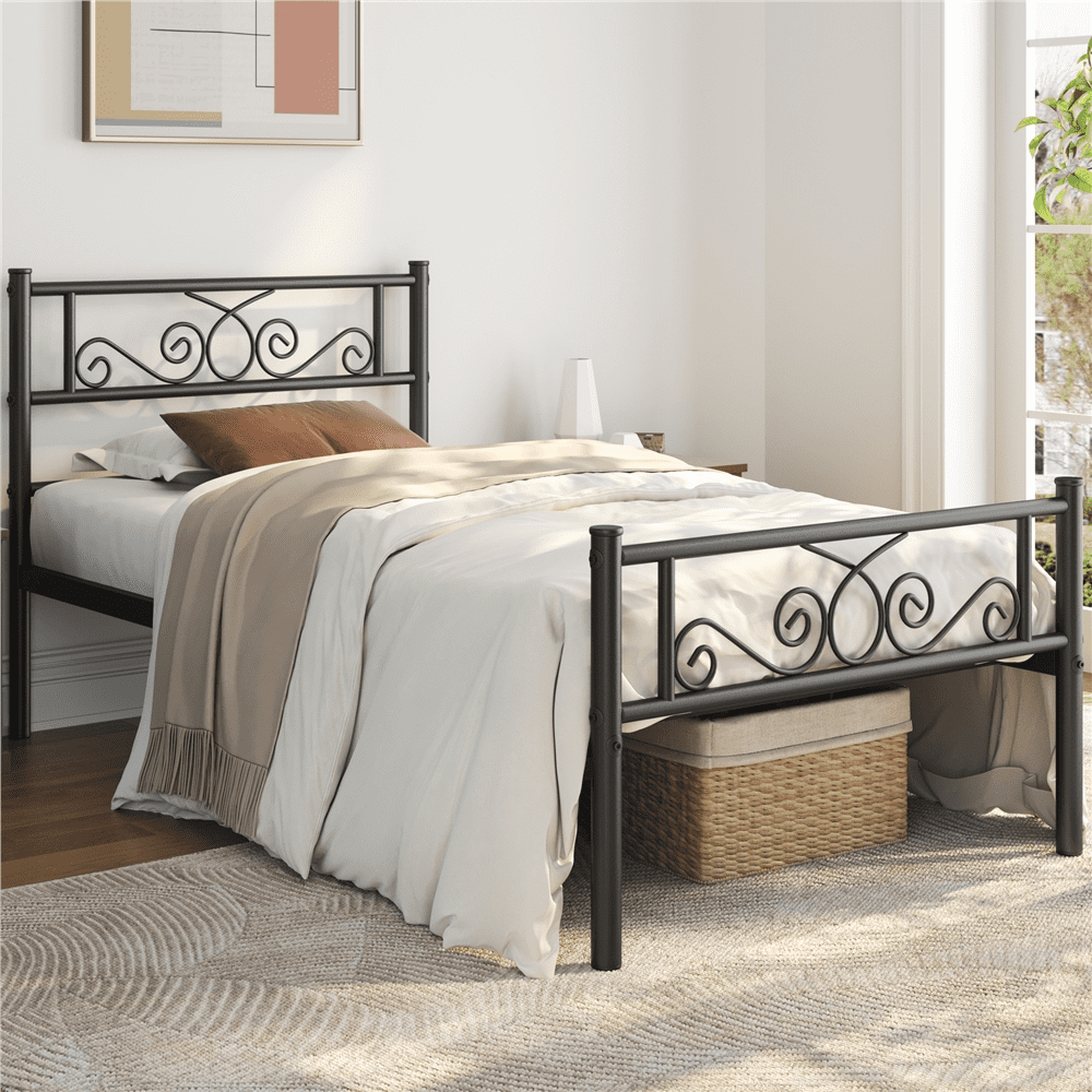 Fullfurnique Metal Platform Bed Frame with Scroll Headboard and Footboard, Queen, Black