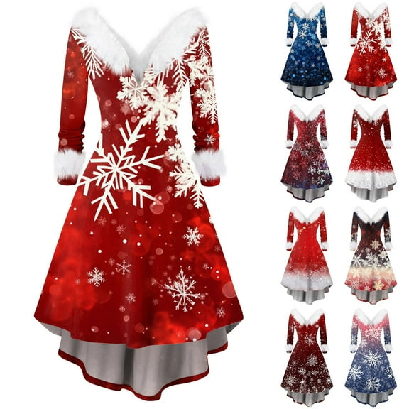 Christmas Dresses for Women Women's Fashion V-neck Casual Slim Christmas Printed Party Long Sleeve Dresses with Fur Collar for Christmas Party,Blue,L
