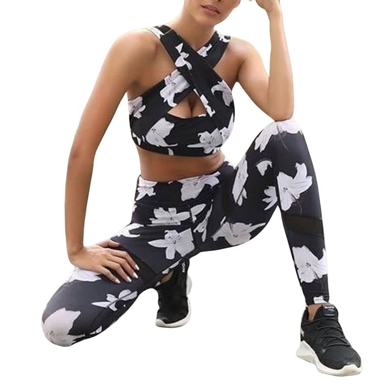 Yoga Tracksuit Women Floral Crop Top + Pants Set for Gym Pilates Yoga Fitness - Walmart.com 