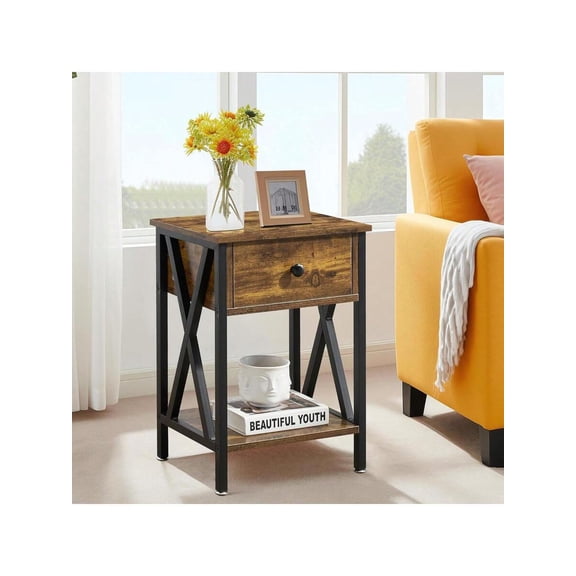 Antique Brown 1-Piece Nightstand, Industrial Style Bedside End Table With Drawer And Open Shelf For Bedroom Living Room
