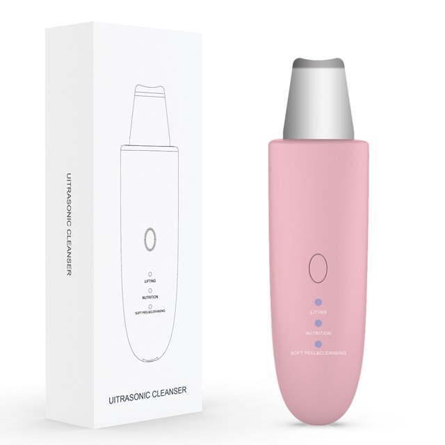 Limpiador ultrasónico LBM300 en color rosa, con batería de litio de 600mA y frecuencia de cuchilla de cerámica doble 24K, incluye cable USB y manual de usuario.