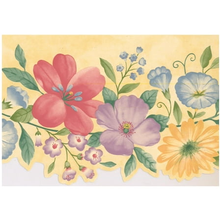 Butter Bordier Wall Border - Purple Yellow Red Blue Flowers on Butter Yellow Scalloped Wallpaper Border Retro Design, Prepasted Roll 15 ft. x 6.5 in. ()