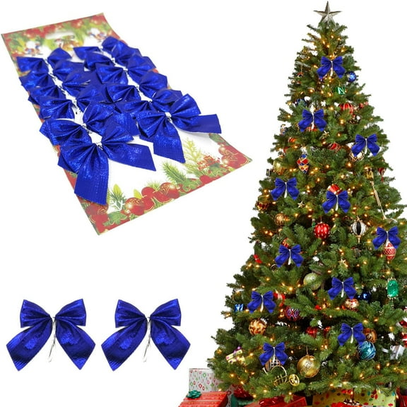 12pcs Blue Christmas Bows Hanging Decorations – Gold & Silver Wired Ribbon Ornaments for Tree, Wreath, Mantel, Holiday DIY & Party Decor
