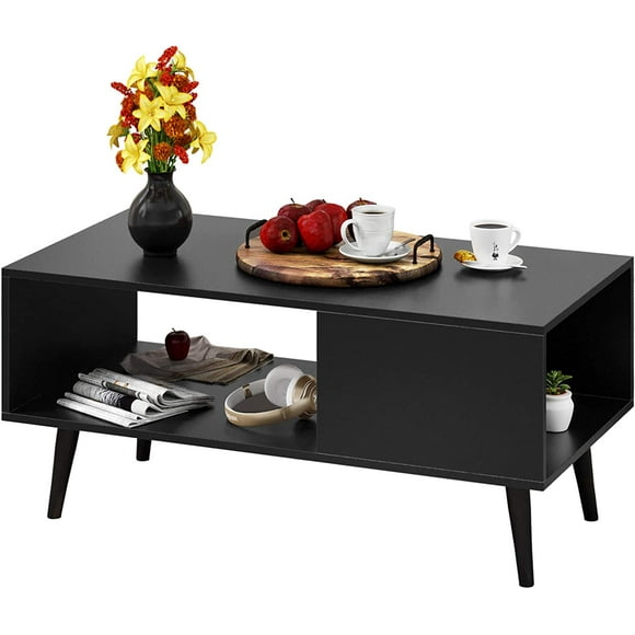 Homefort Modern Coffee Table with Storage, Easy Assembly Rectangular Cocktail Table, TV Console Table, Mid-Century Modern Accent Table with Shelf for Living Room ,Black