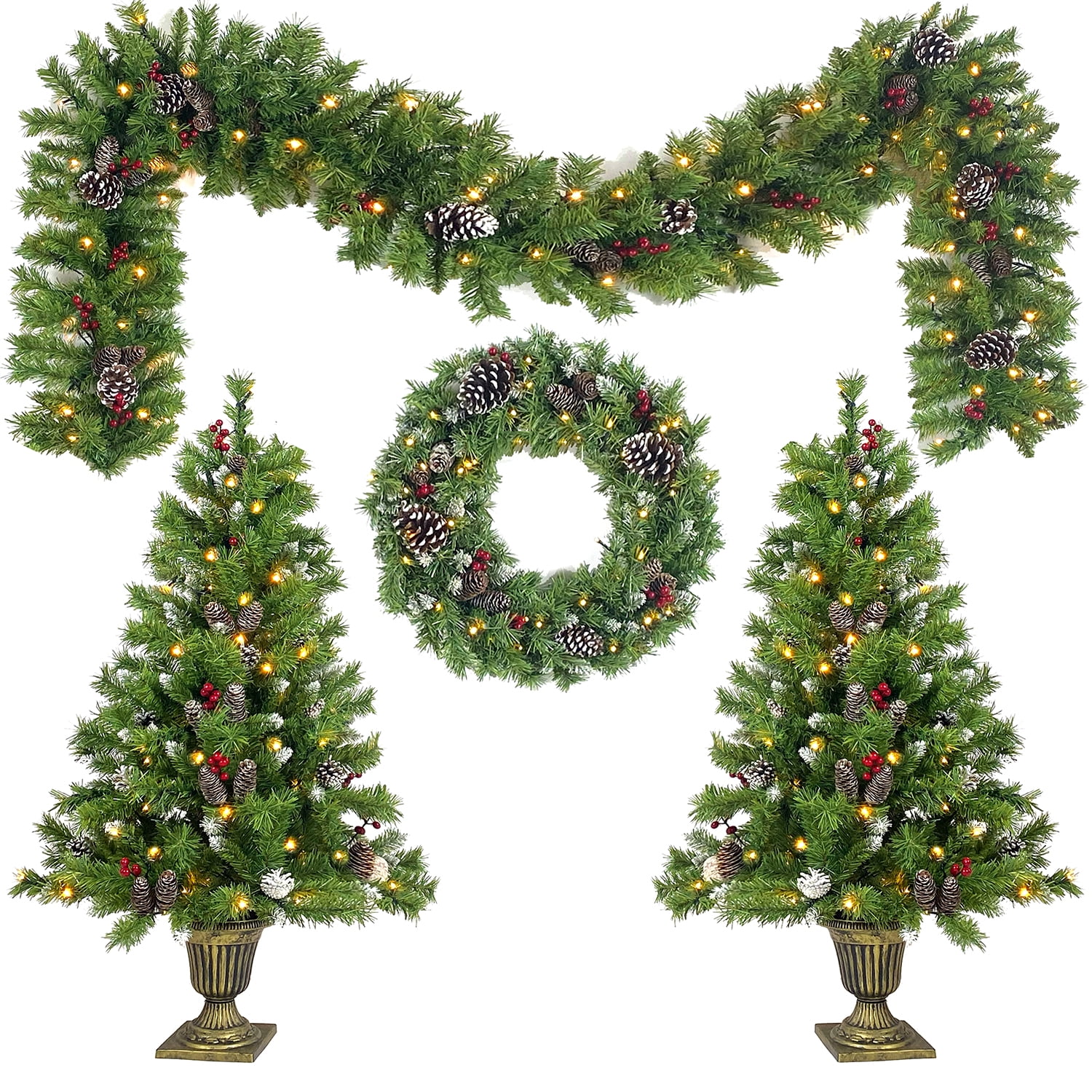 Kadyn 4-Piece Pre-lit Set Christmas Decorations, Christmas Fireplace Decorations, Front Porch Christmas Decorations, Artificial Christmas Garland, Wreath and Set of 2 4ft Christmas Tree, Green
