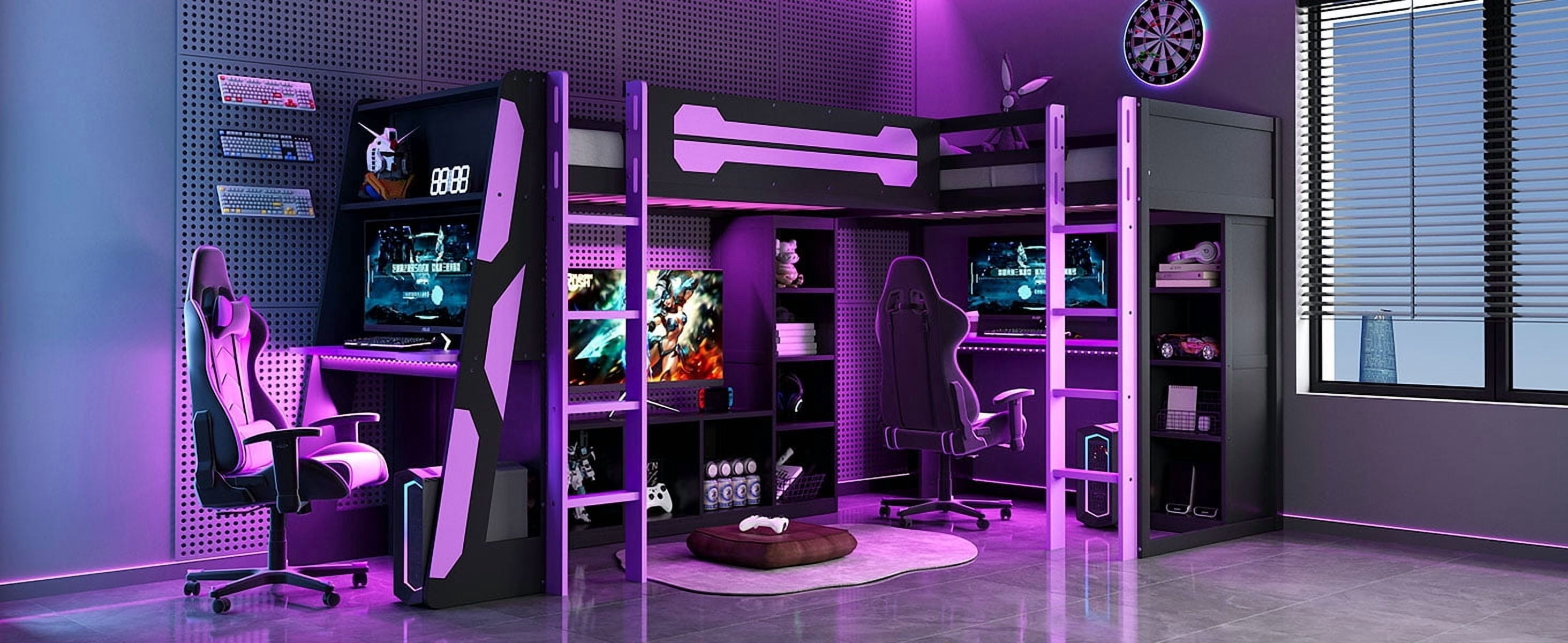 Mintazer L-Shaped Twin Loft Bed with 2 Gaming Desks, Gaming Loft Bed with RGB Lights & USB Charging Station, Black & Purple