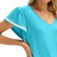 thumbnail image 2 of Camisa de manga con volantes Dolman Cuello en V Color puro Elástico Suelto Transpirable Top de verano para mujer Azul L, 2 of 5