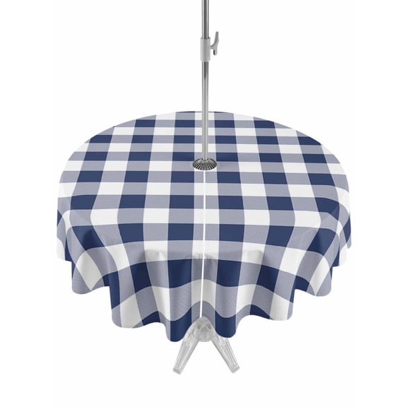 Round Outdoor Tablecloth With Umbrella Hole And Zipper– Navy Blue White Plaid Waterproof Patio Table Cover for Party, Picnic, Backyard, 50" Dia. , Rustic Vintage Checkered