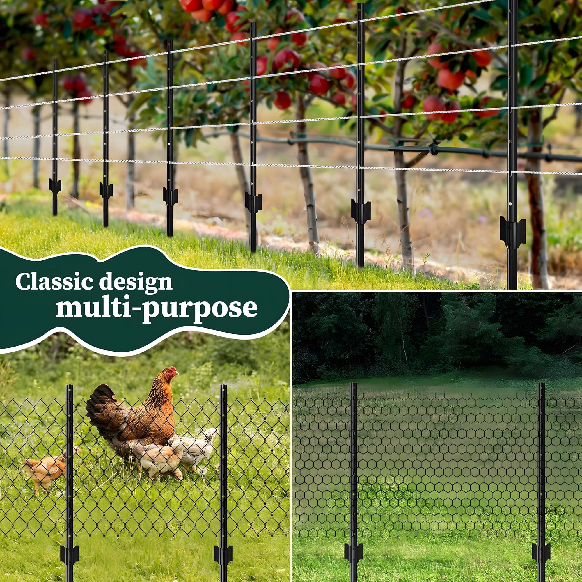 Miniyam 10 Piece Garden Fence Post Set, 4-ft Heavy-Duty U-Shaped Metal Posts for Wire Mesh Fences, No-Dig Temporary Fence Posts, Black