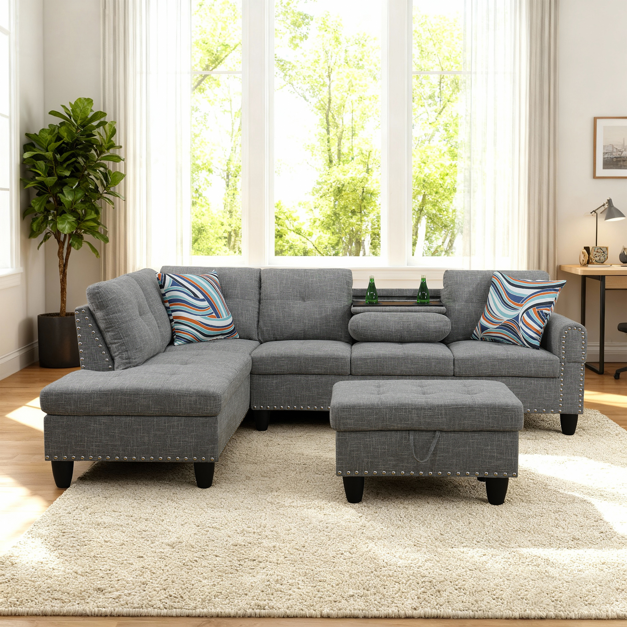 MAYEERTY 97.5" Linen Sectional Sofa, 3-Piece Modular Couch Sofa Set with Ottoman, Grey (Left)