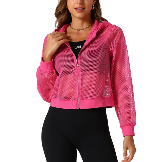 INSPIRE CHIC Ribbed Cuffs Jacket for Women Hoodie Mesh Bomber Jacket XL Hot Pink