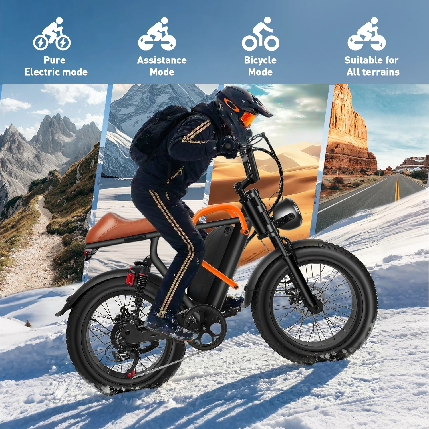 20'' Fat Tire E-Mountain Bicycle for Adults, Peak 750W Motor Electric Bike, 48V 15Ah 30MPH 7-Speed Ebike UL2849