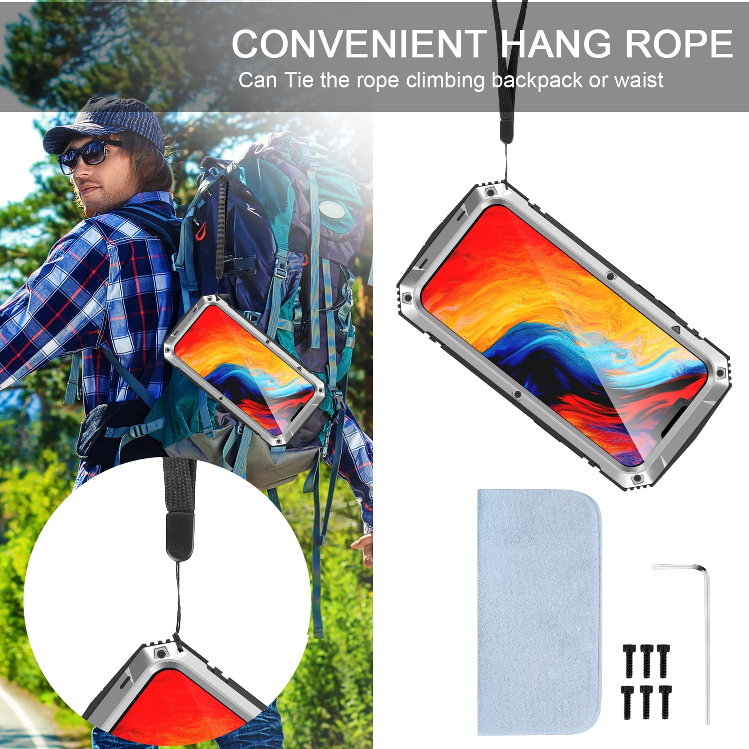 ELEHOLD for iPhone 14 6.1 Inch 2022 Case, Heavy Duty Armor Built-in Explosion-Proof Tempered Glass Screen Protector Wireless Charging Hang Rope Hidden Kickstand Shockproof Rugged Case,Silver