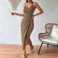 thumbnail image 4 of Women'S Adjustable Spaghetti Straps Sleeveless Waist Split Midi Backless Bodycon Cocktail Party Dress Light Brown L, 4 of 7