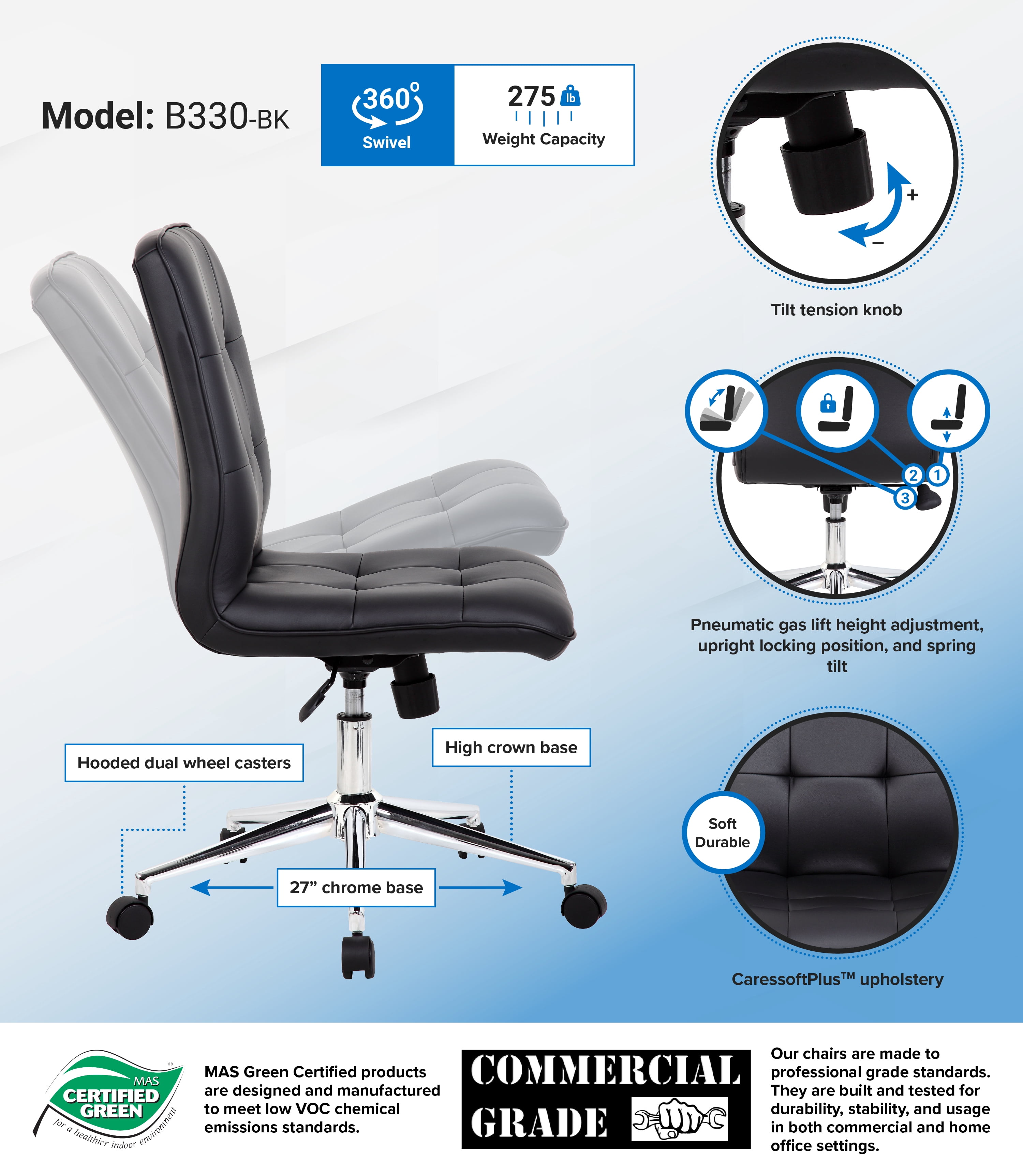 Boss Office Products Modern Faux Leather Tufted Ergonomic Office Swivel Chair, Black
