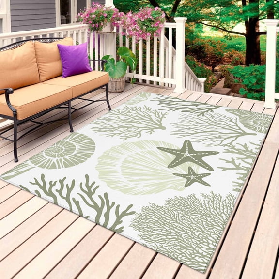 Coastal Sage Green Outdoor Rug for Patio/Deck/Porch, Non-Slip Large Area Rug 3 x 5 Ft, Ocean Coral Starfish Shell Modern Indoor Outdoor Rugs Washable Area Rugs, Reversible Camping Rug Carpet Runner