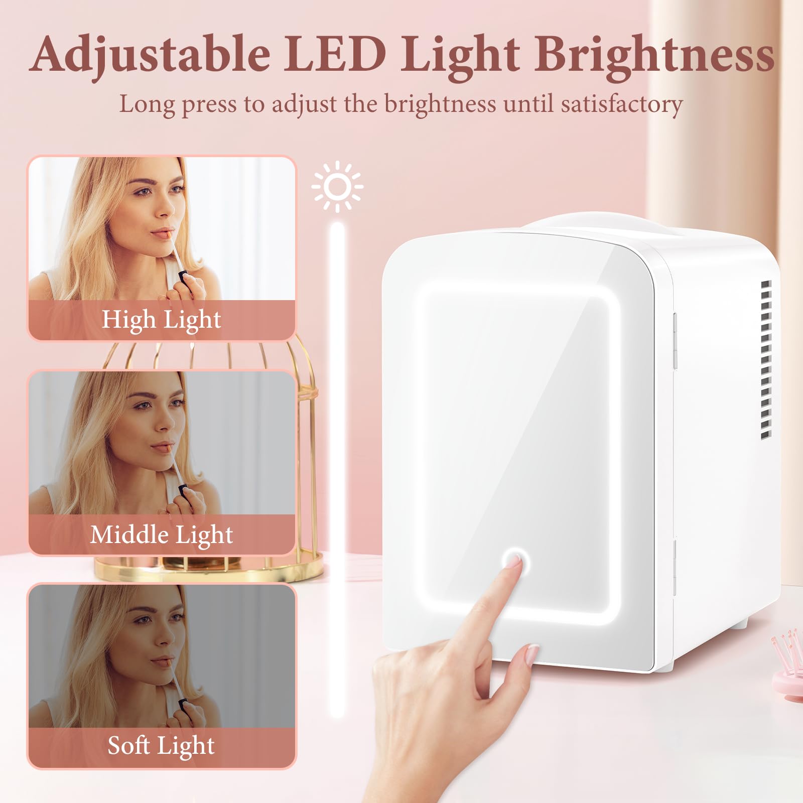 LHRIVER Mini Cooler with LED Mirror & Light, 4L Skincare Fridge, for Home Outlet & DC Charger