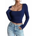 thumbnail image 2 of Women Long Sleeve Shirts Square Neck Tops Basic Teen Girls Crop Tops Fall Outfits Fashion Clothes Navy Blue XL, 2 of 8