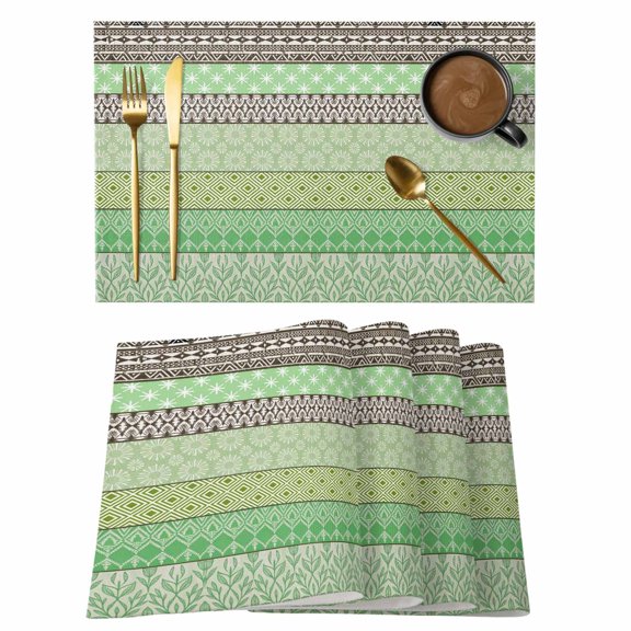 Green Brown Flower Placemats Set of 12, Geometric Bohemian Style Ethnic Tribal Non-Slip Place Mats Washable Table Mats for Kitchen Dining Table Decorations Indoor/Outdoor