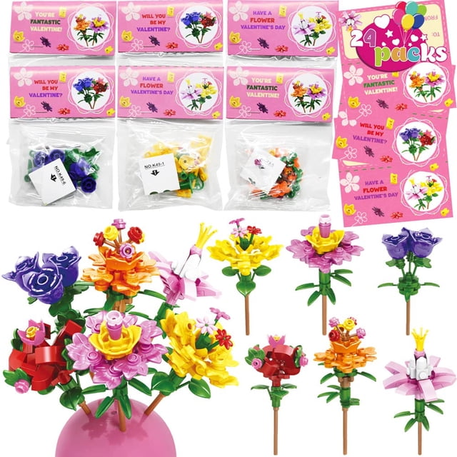 Tarjetas de San Valentín con forma de ramo de bloques de construcción, 24 paquetes para niños