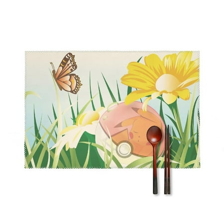 Placemats Cartoon Pokemon Lover Place Mats Set of 6, Cartoon Illustration of Funny Anime in Various Sizes And Sides Graphic, Washable Fabric Placemats for Dining Room Kitchen Table Decor