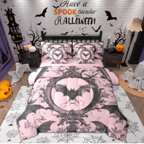 Manfei Halloween Bat Teens Bedding Comforter Set 7 Pieces, Gothic Romantic Skeleton Full Bedding Set, Tribal Western Damask Reversible Fitted Sheet Flat Sheet, Lightweight Room Decor